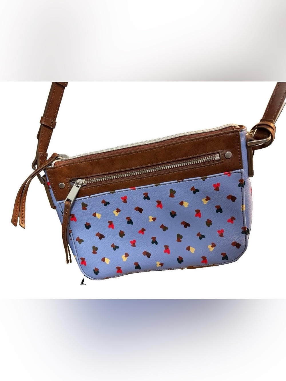New Fossil Farrah Crossbody Hearts Blue Multicolor Hearts